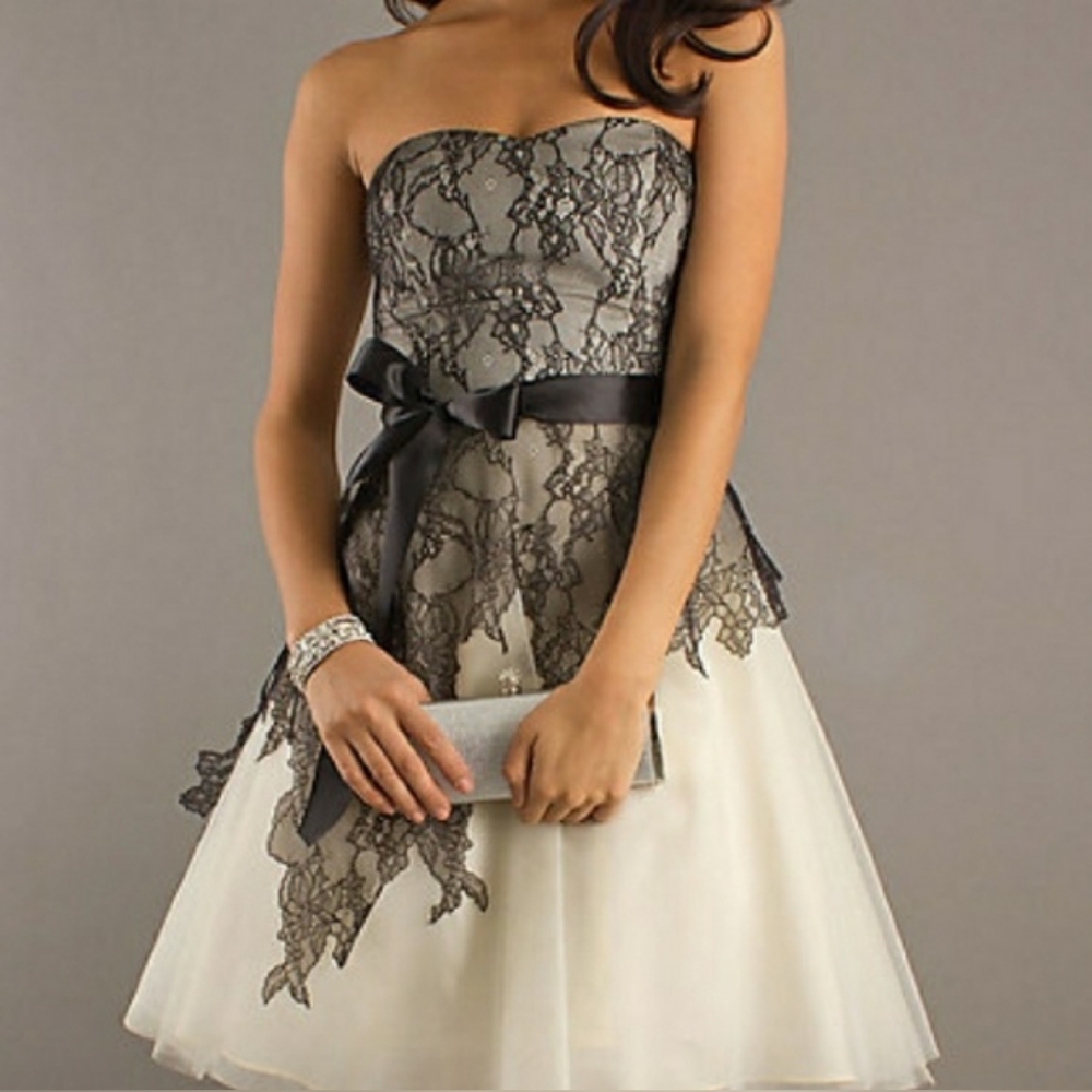 Max & Cleo Black and Cream Strapless A-line Dress for Prom Or Grad